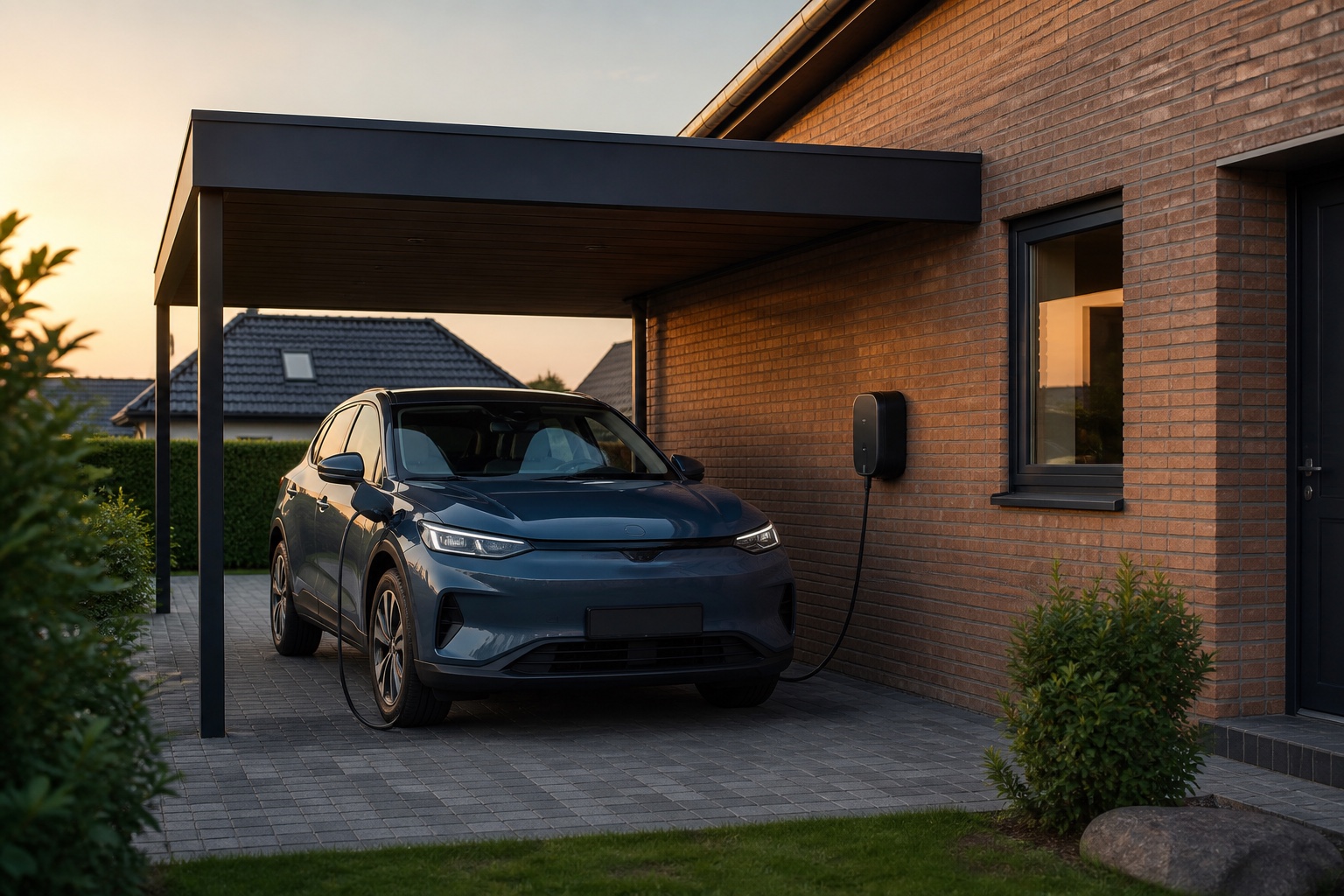 Elbil, der lader hjemme i en carport ved en vægmonteret ladeboks